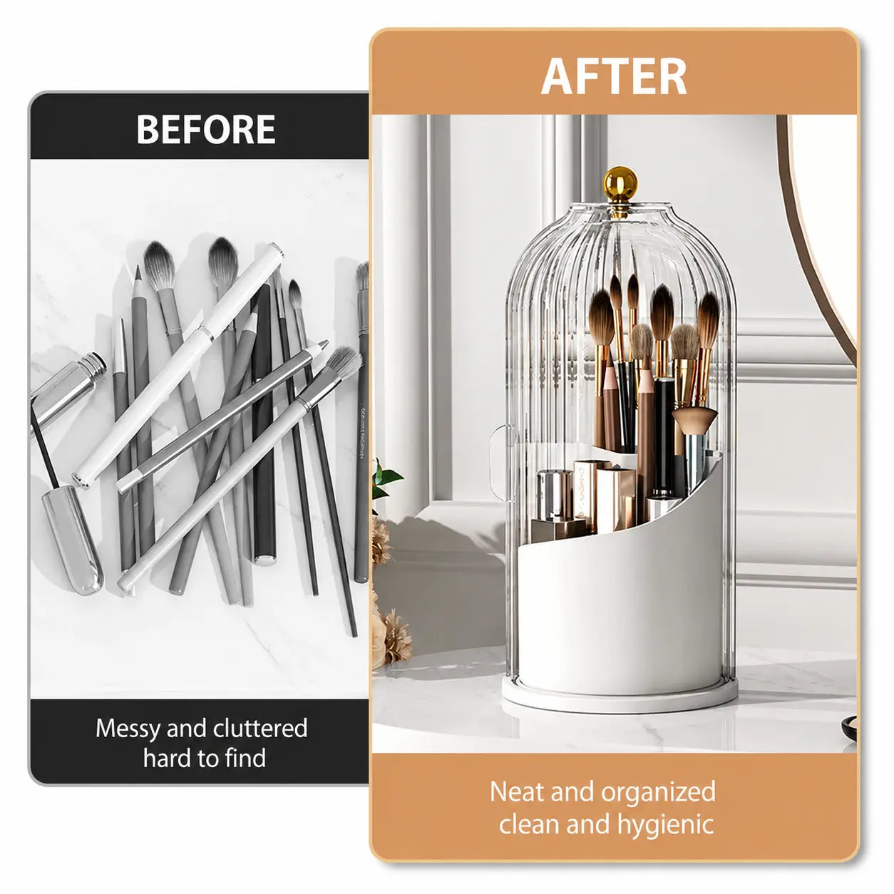 360° Rotating Dustproof Makeup Brush Organizer with Transparent Lid