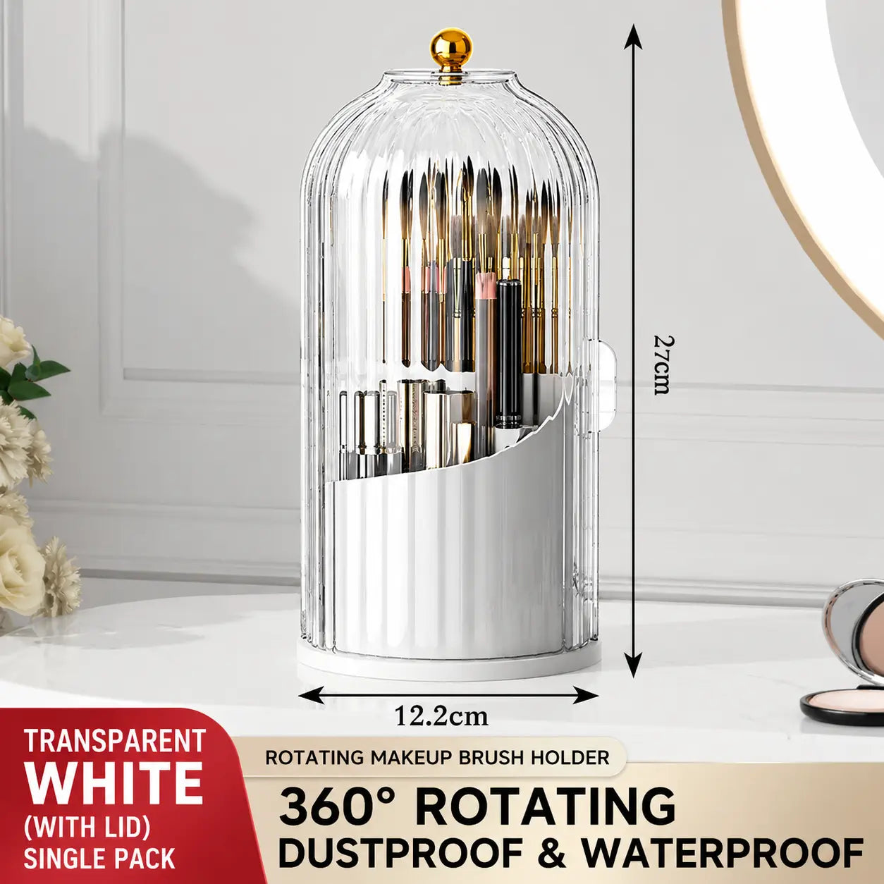 360° Rotating Dustproof Makeup Brush Organizer with Transparent Lid