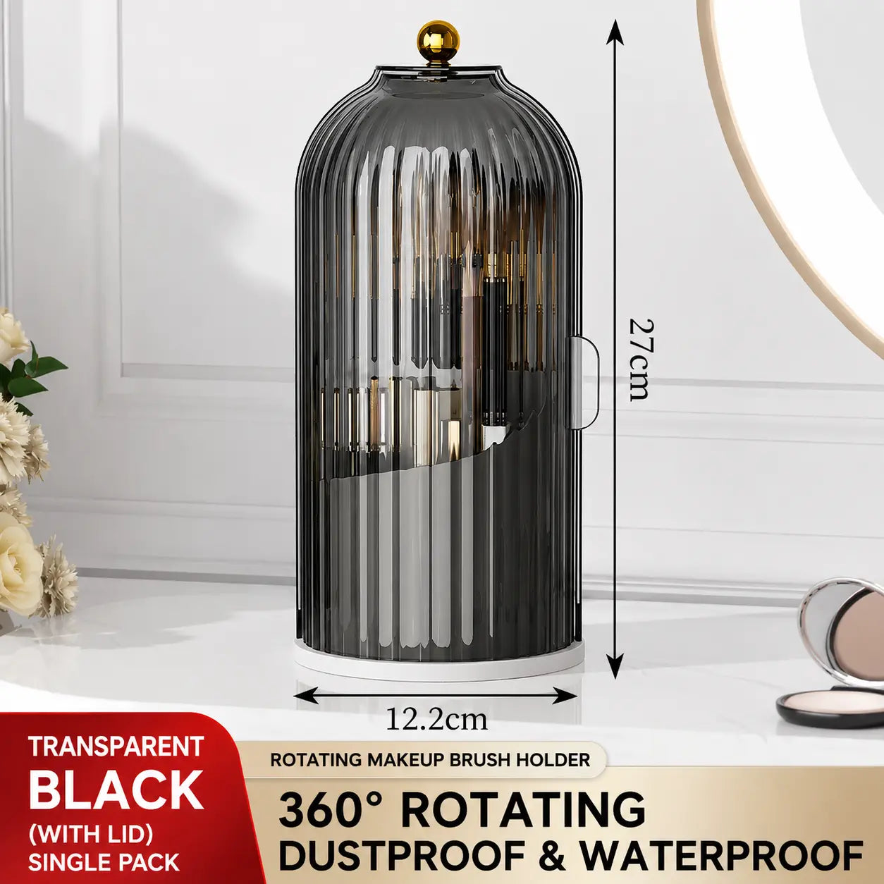 360° Rotating Dustproof Makeup Brush Organizer with Transparent Lid