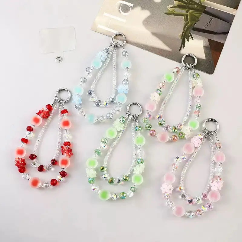 Double-Layer Crystal Bead Phone Charm Wristlet Aesthetic Beaded Lanyard Strap with Flower Accents