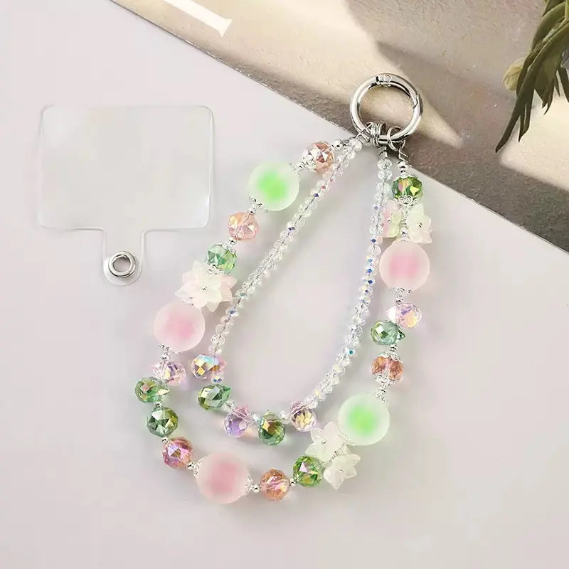 Double-Layer Crystal Bead Phone Charm Wristlet Aesthetic Beaded Lanyard Strap with Flower Accents