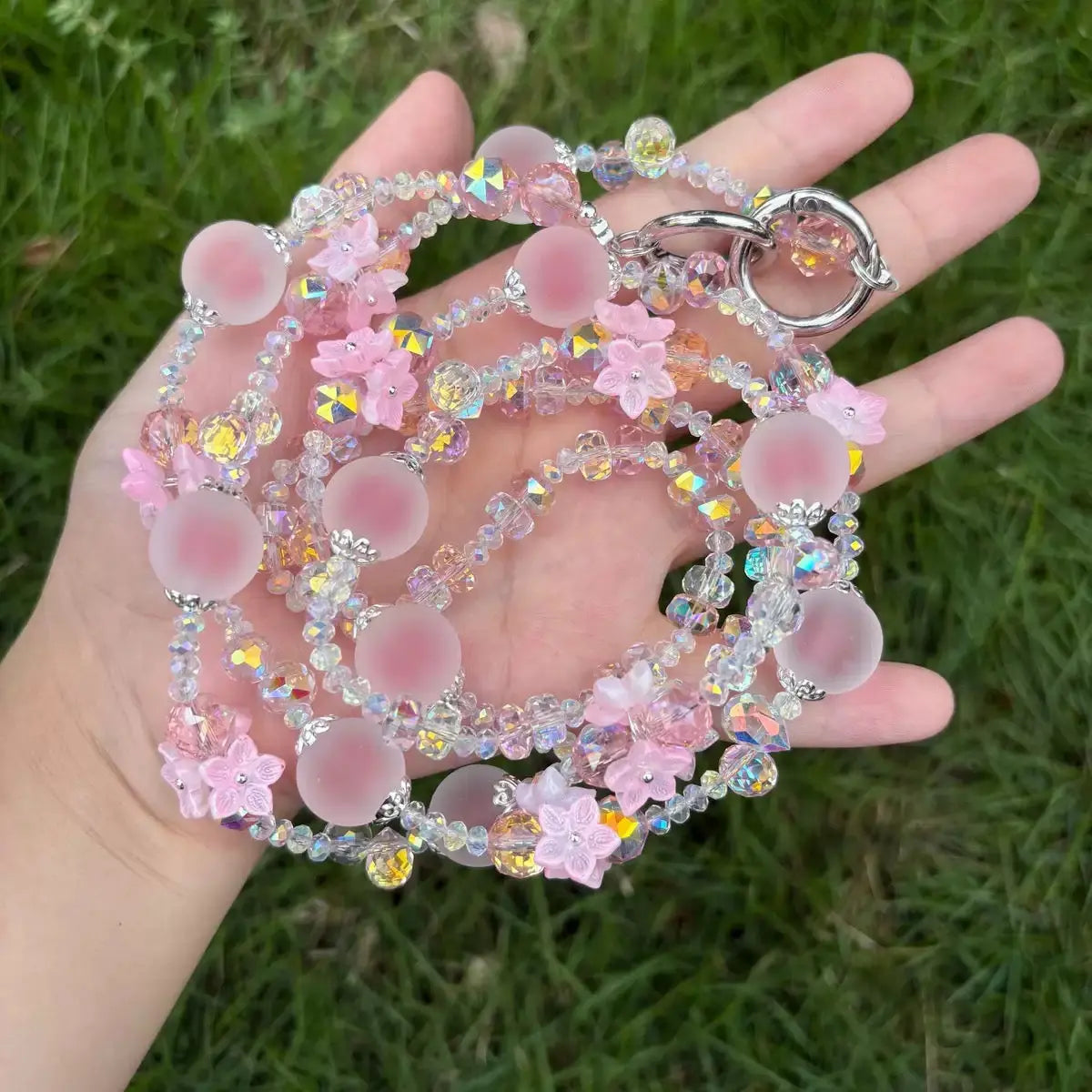 Double-Layer Crystal Bead Phone Charm Wristlet Aesthetic Beaded Lanyard Strap with Flower Accents