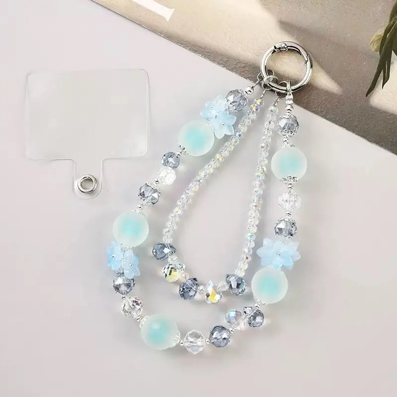 Double-Layer Crystal Bead Phone Charm Wristlet Aesthetic Beaded Lanyard Strap with Flower Accents