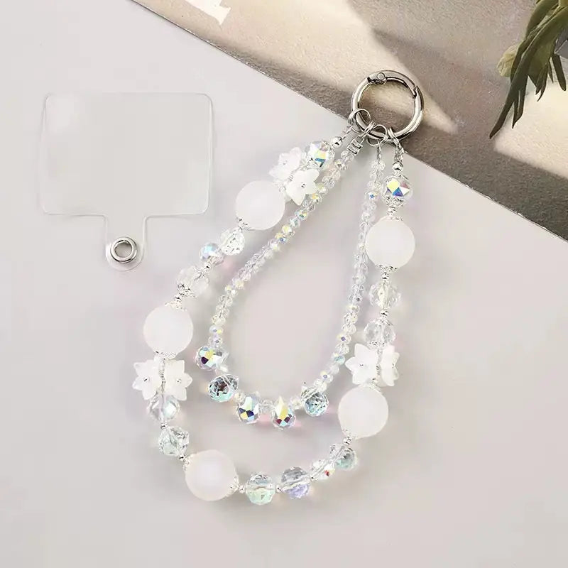 Double-Layer Crystal Bead Phone Charm Wristlet Aesthetic Beaded Lanyard Strap with Flower Accents