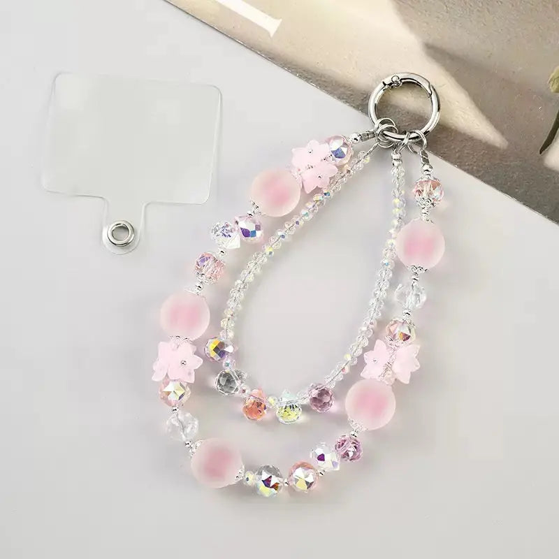 Double-Layer Crystal Bead Phone Charm Wristlet Aesthetic Beaded Lanyard Strap with Flower Accents