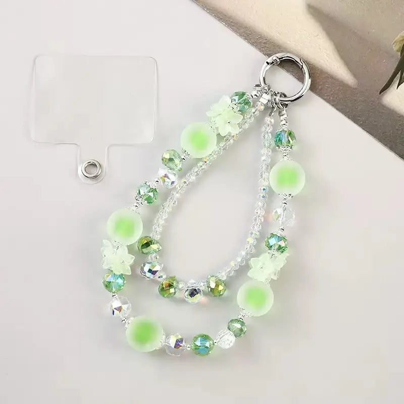 Double-Layer Crystal Bead Phone Charm Wristlet Aesthetic Beaded Lanyard Strap with Flower Accents