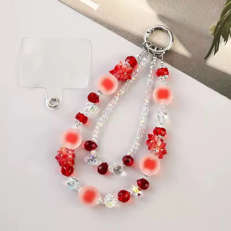 Double-Layer Crystal Bead Phone Charm Wristlet Aesthetic Beaded Lanyard Strap with Flower Accents