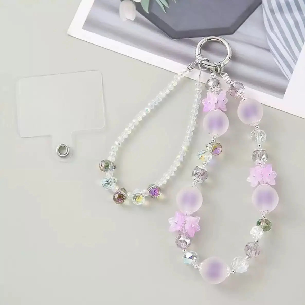 Double-Layer Crystal Bead Phone Charm Wristlet Aesthetic Beaded Lanyard Strap with Flower Accents