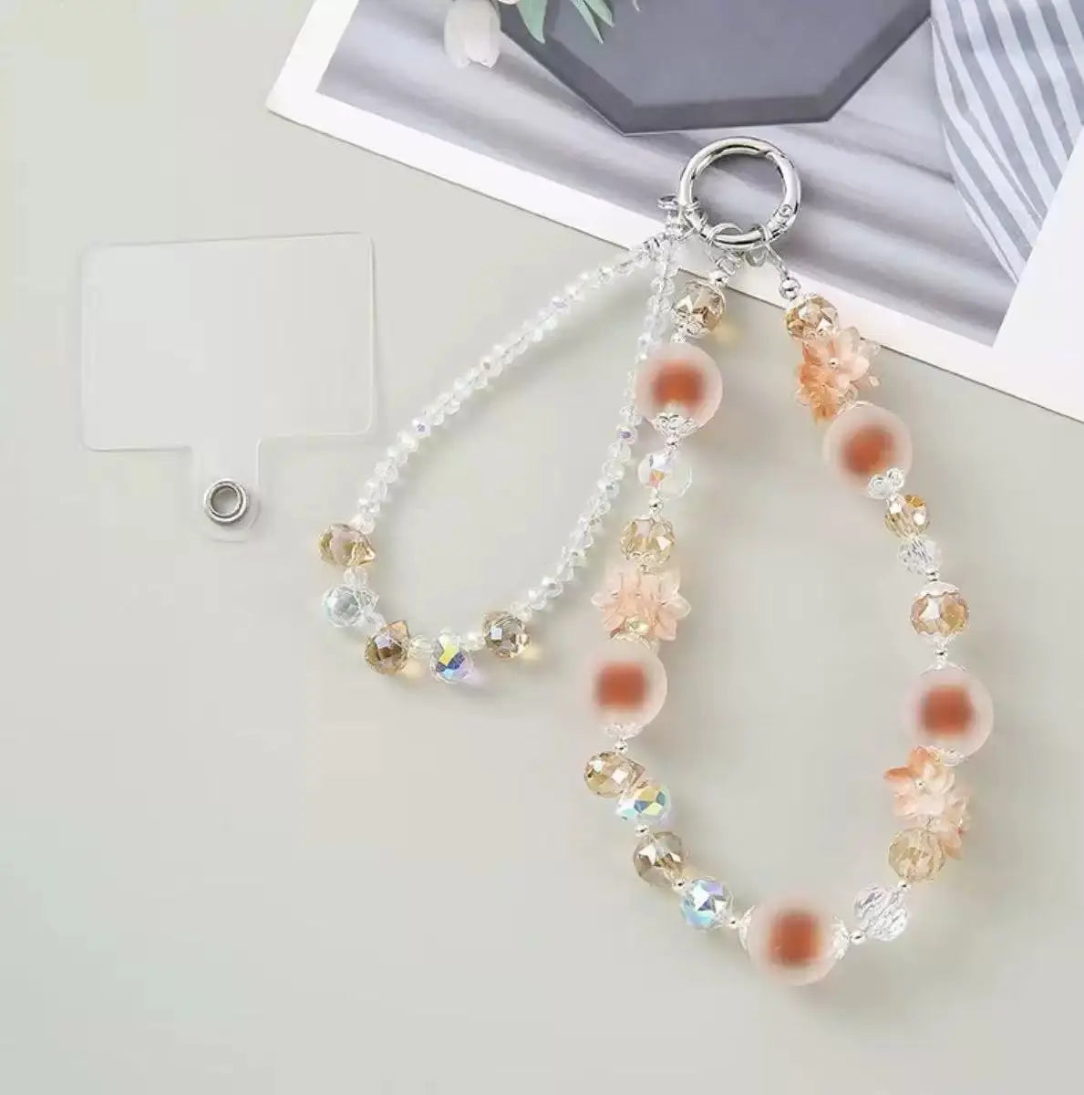 Double-Layer Crystal Bead Phone Charm Wristlet Aesthetic Beaded Lanyard Strap with Flower Accents