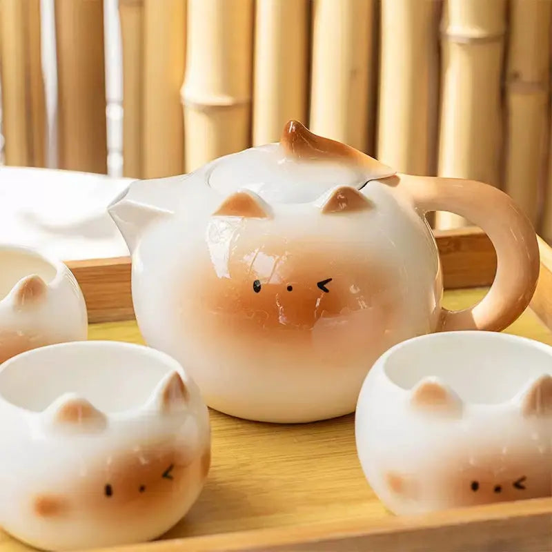 Cute Cat Ceramic Tea Set Cat Teapot with 4 Cups
