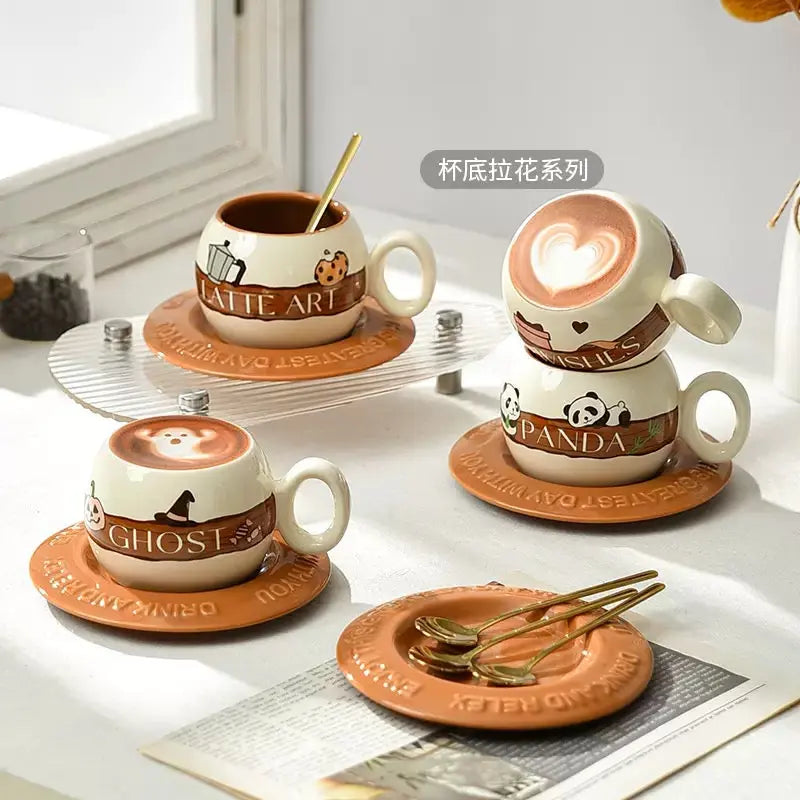 Cute Latte Art Ceramic Cup & Saucer Set Cartoon Coffee Mug