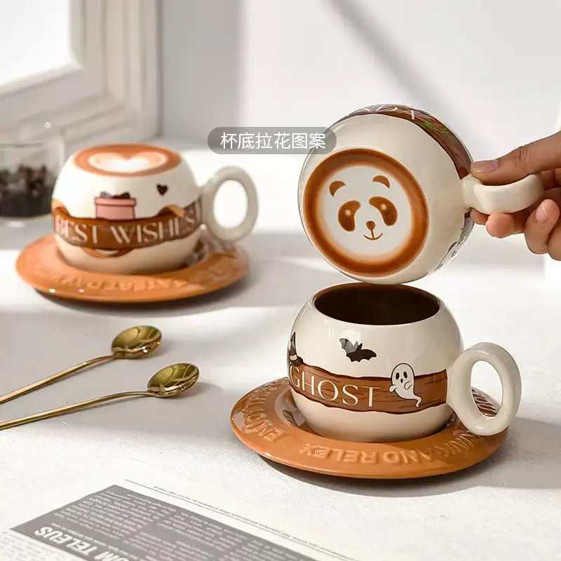 Cute Latte Art Ceramic Cup & Saucer Set Cartoon Coffee Mug