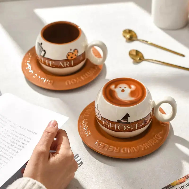 Cute Latte Art Ceramic Cup & Saucer Set Cartoon Coffee Mug
