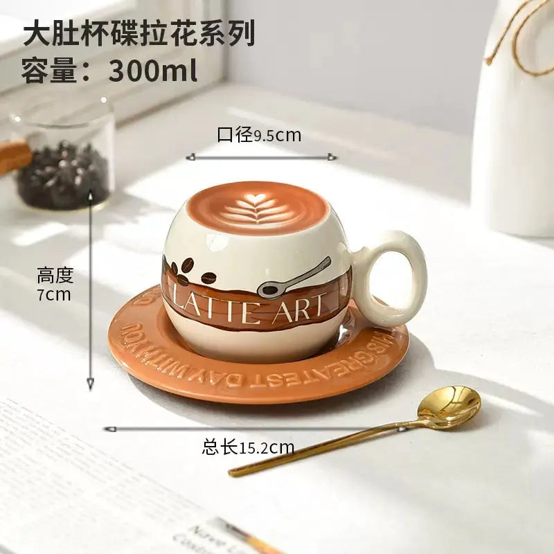 Cute Latte Art Ceramic Cup & Saucer Set Cartoon Coffee Mug