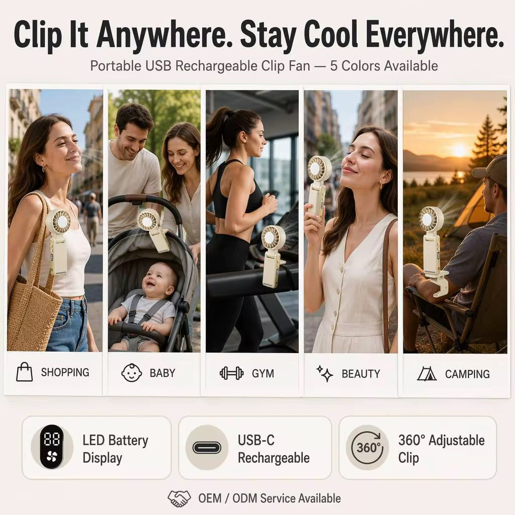 Portable Rechargeable Ice Cooling Clip Fan with LED Battery Display 360° Adjustable