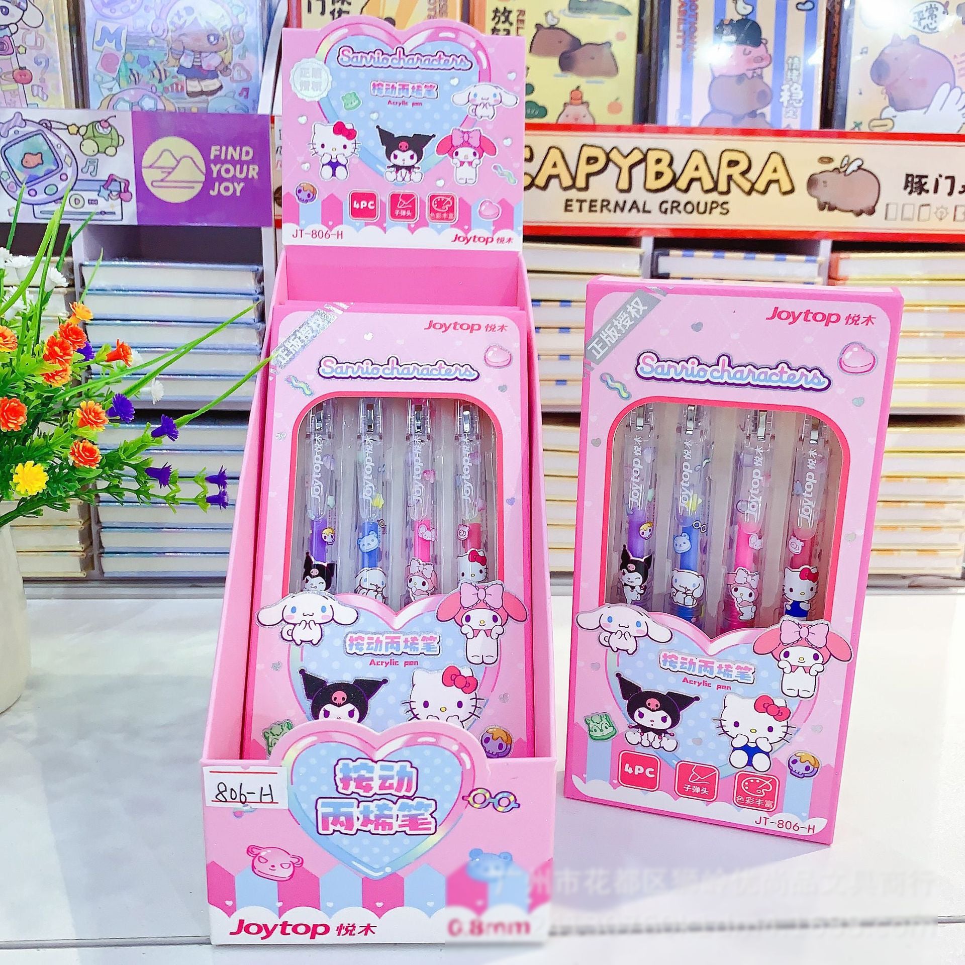 Acrylic Press Pen Set Cute Character 0.8mm Ballpoint Pens (4 Color Set) for School & Gifts