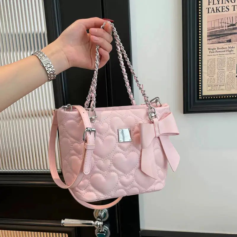 Heart Quilted Bow Chain Shoulder & Crossbody Bag
