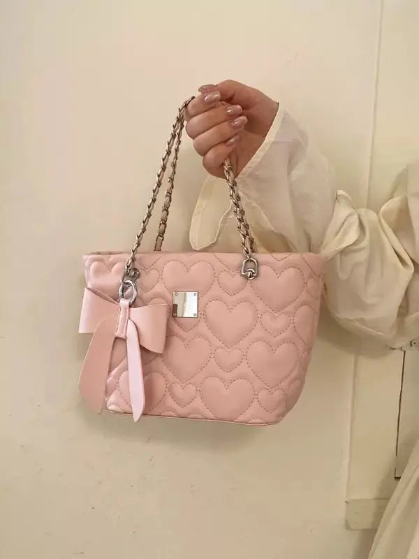 Heart Quilted Bow Chain Shoulder & Crossbody Bag
