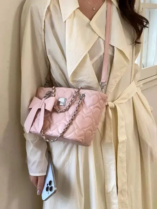 Heart Quilted Bow Chain Shoulder & Crossbody Bag