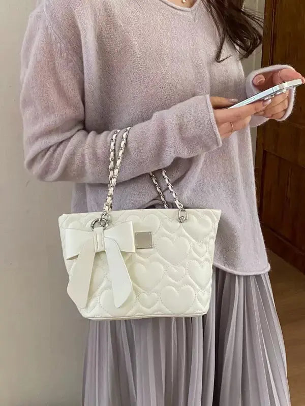 Heart Quilted Bow Chain Shoulder & Crossbody Bag