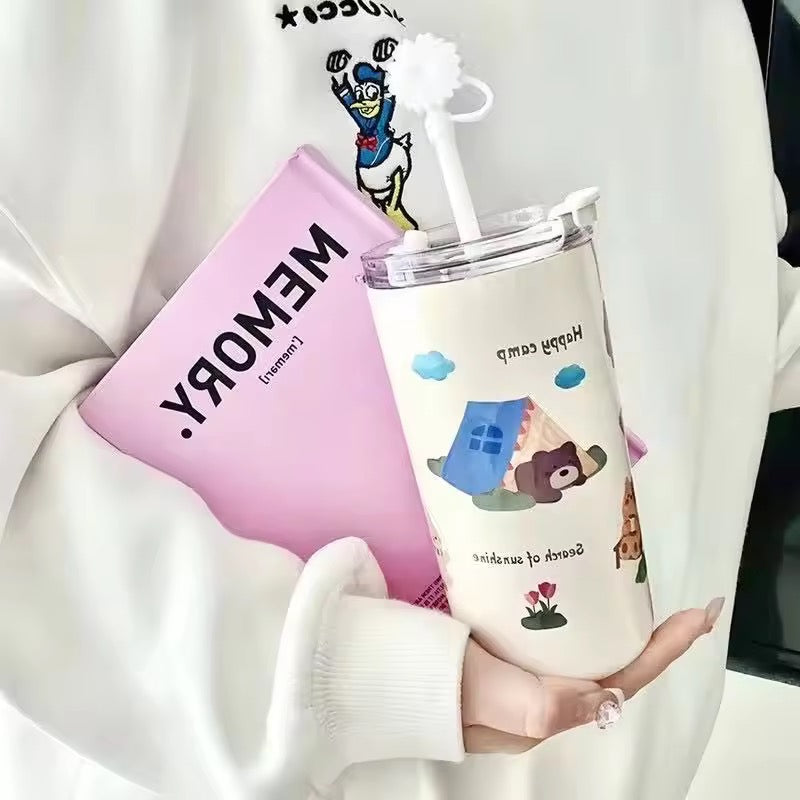 500ML Kawaii Bear Printed Stainless Steel With Straw Vacuum Mug