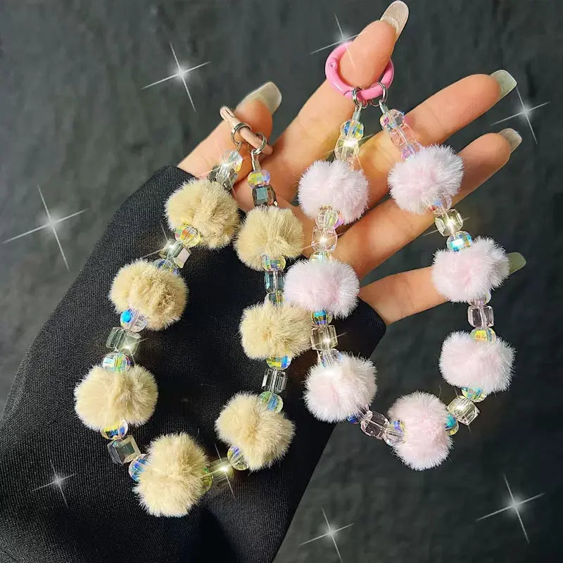 Cute Plush Pom-Pom & Iridescent Crystal Bead Phone Charm Keychain Wristlet