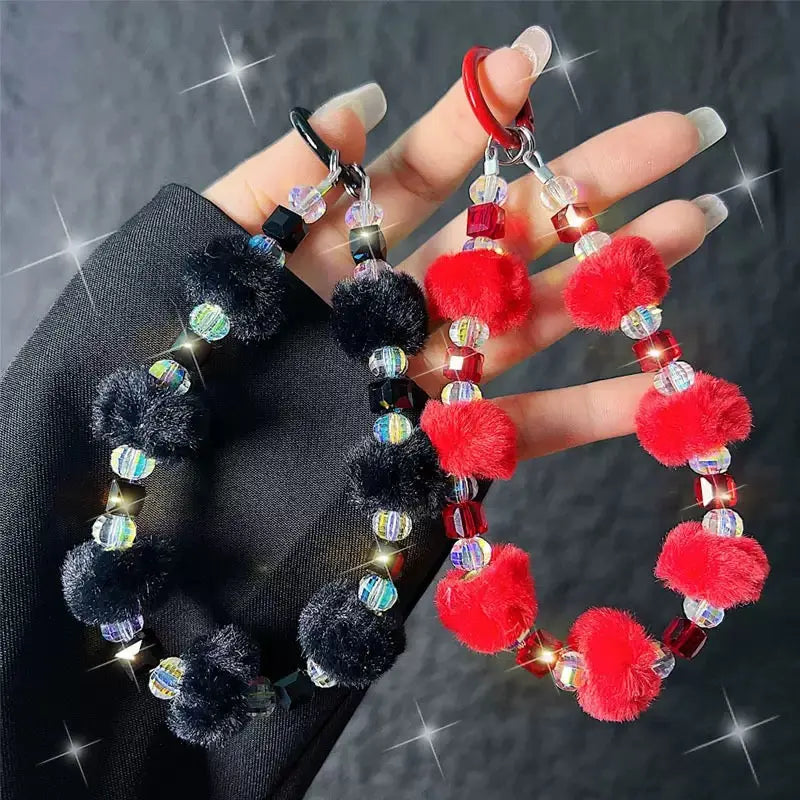Cute Plush Pom-Pom & Iridescent Crystal Bead Phone Charm Keychain Wristlet