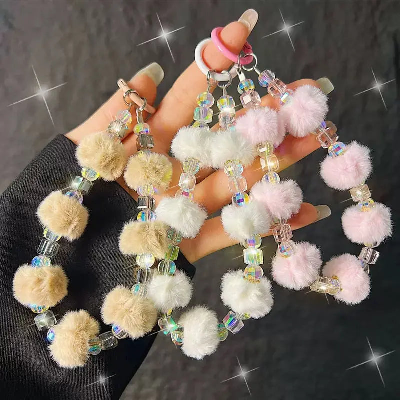 Cute Plush Pom-Pom & Iridescent Crystal Bead Phone Charm Keychain Wristlet