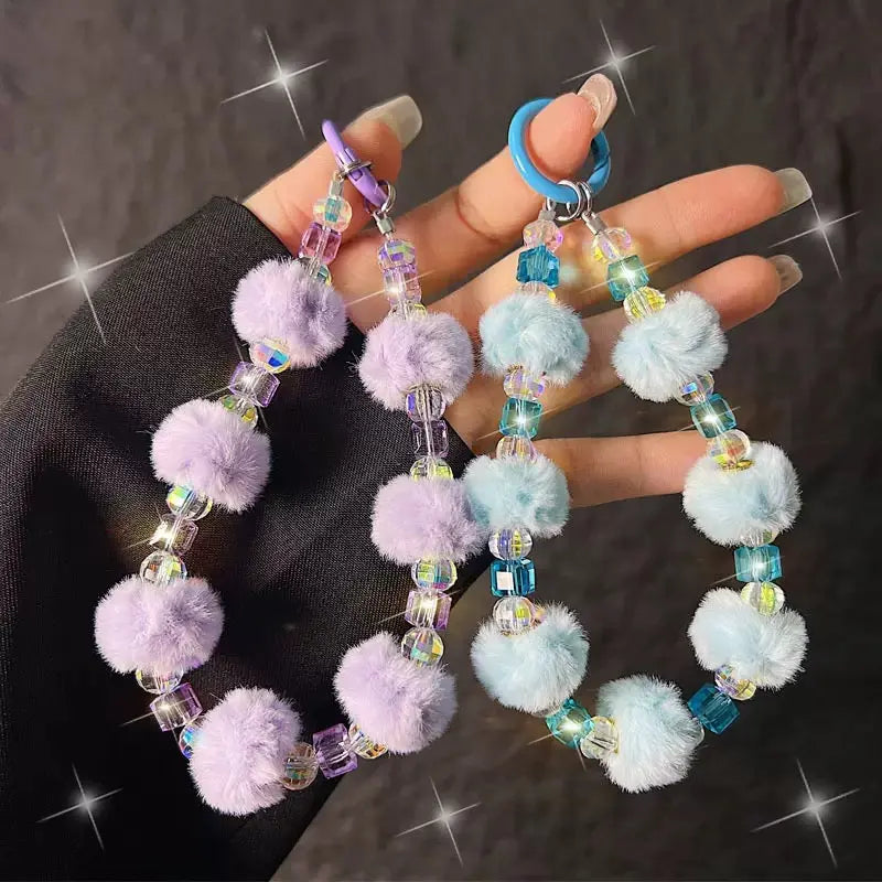 Cute Plush Pom-Pom & Iridescent Crystal Bead Phone Charm Keychain Wristlet