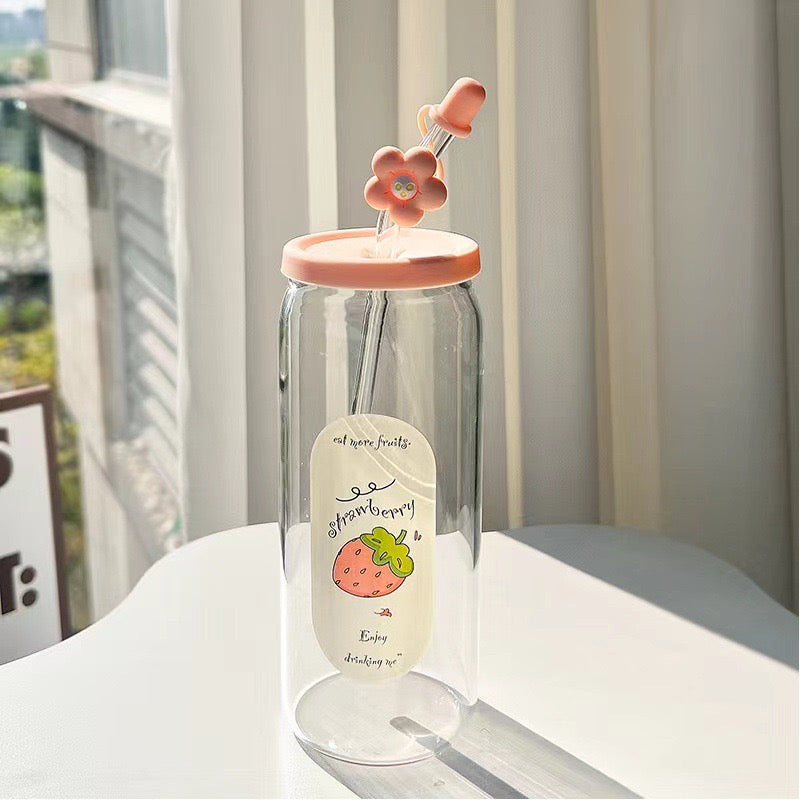 Kawaii Fruit Glass Mason Jar With Straw