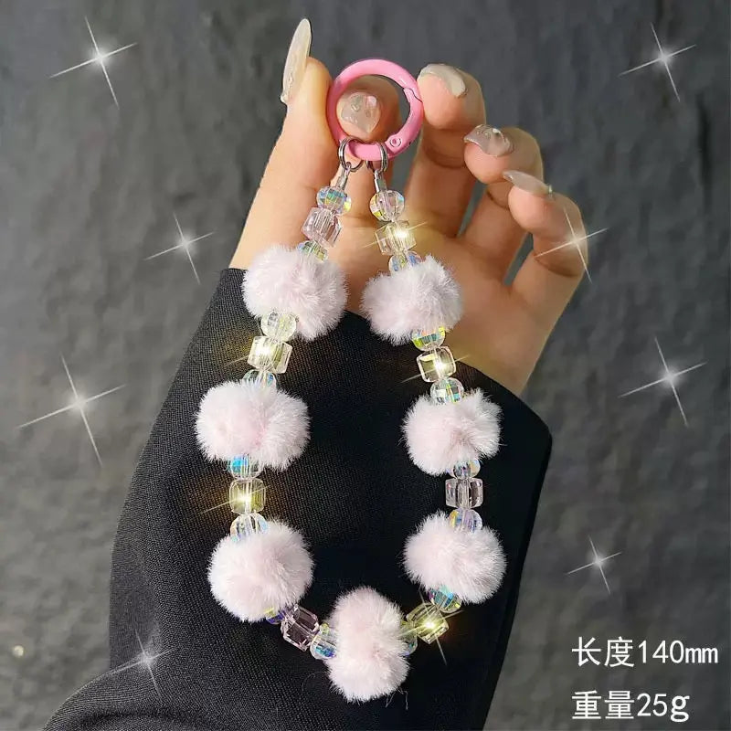 Cute Plush Pom-Pom & Iridescent Crystal Bead Phone Charm Keychain Wristlet