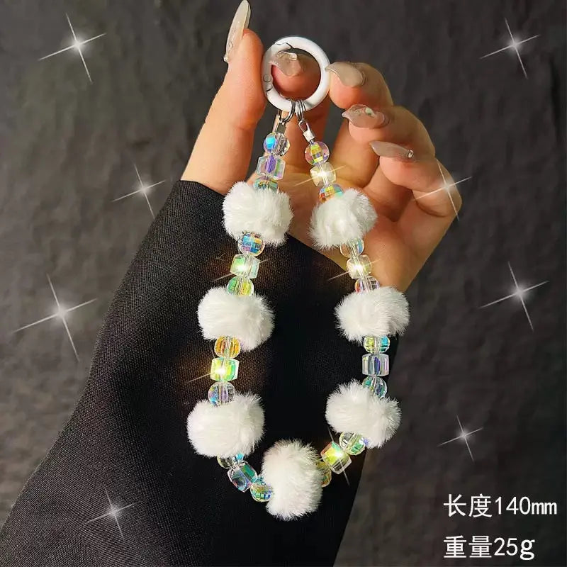 Cute Plush Pom-Pom & Iridescent Crystal Bead Phone Charm Keychain Wristlet