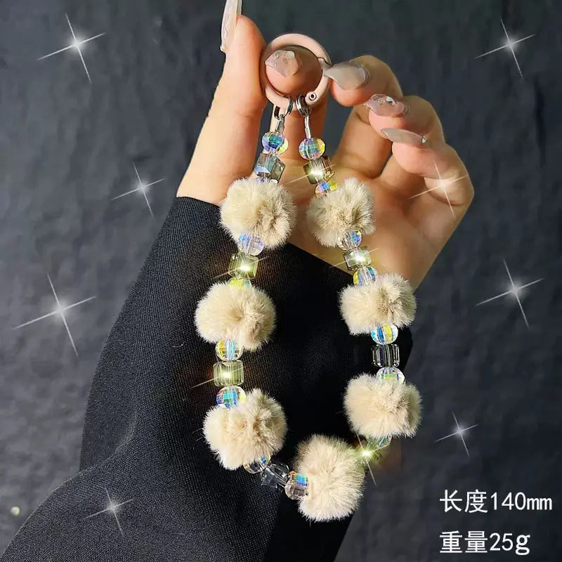 Cute Plush Pom-Pom & Iridescent Crystal Bead Phone Charm Keychain Wristlet