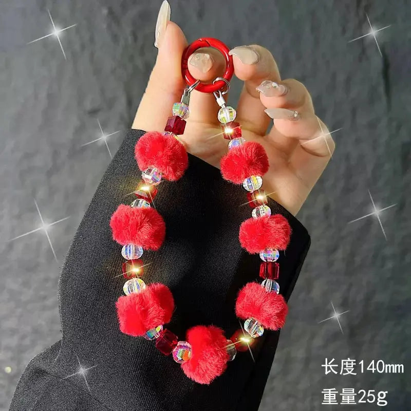 Cute Plush Pom-Pom & Iridescent Crystal Bead Phone Charm Keychain Wristlet