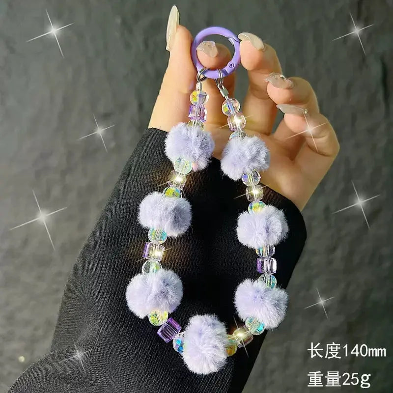 Cute Plush Pom-Pom & Iridescent Crystal Bead Phone Charm Keychain Wristlet