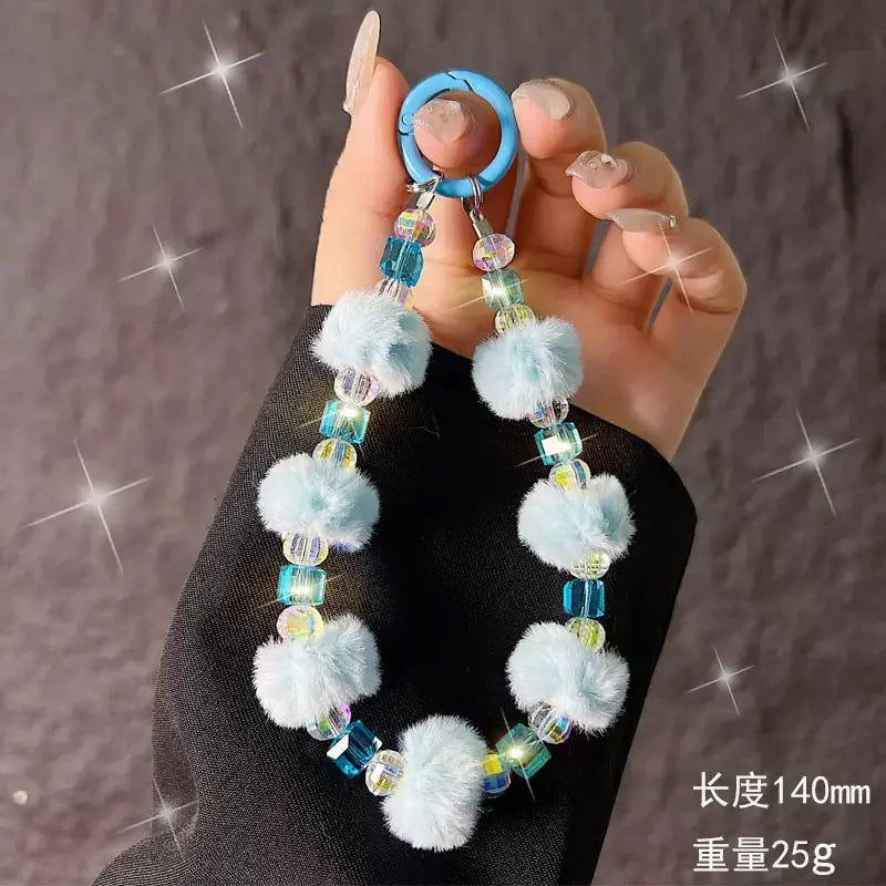 Cute Plush Pom-Pom & Iridescent Crystal Bead Phone Charm Keychain Wristlet