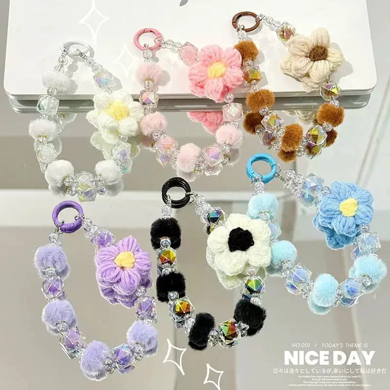 Cute Plush Flower & Iridescent Crystal Bead Phone Charm Keychain Wristlet