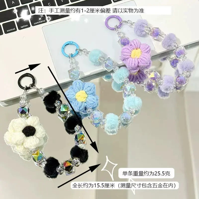 Cute Plush Flower & Iridescent Crystal Bead Phone Charm Keychain Wristlet