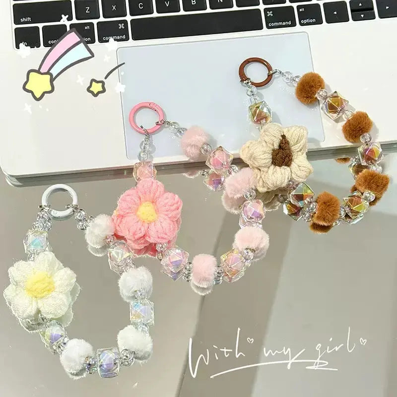 Cute Plush Flower & Iridescent Crystal Bead Phone Charm Keychain Wristlet