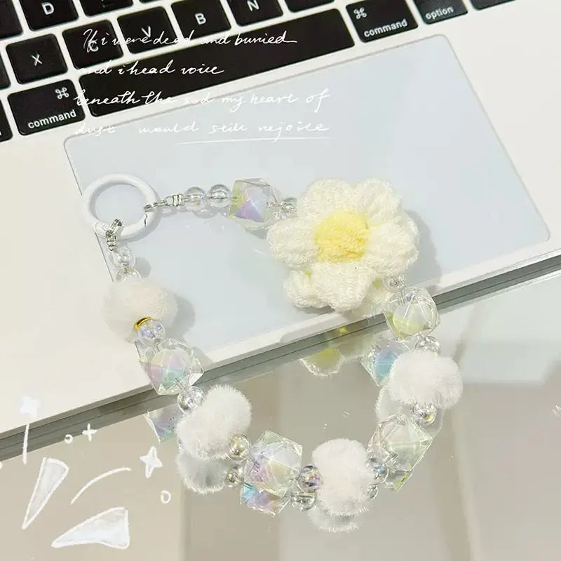 Cute Plush Flower & Iridescent Crystal Bead Phone Charm Keychain Wristlet