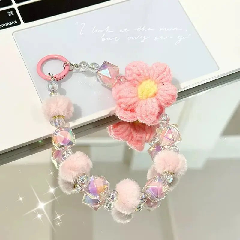 Cute Plush Flower & Iridescent Crystal Bead Phone Charm Keychain Wristlet