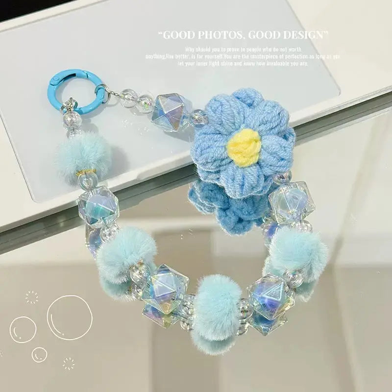 Cute Plush Flower & Iridescent Crystal Bead Phone Charm Keychain Wristlet