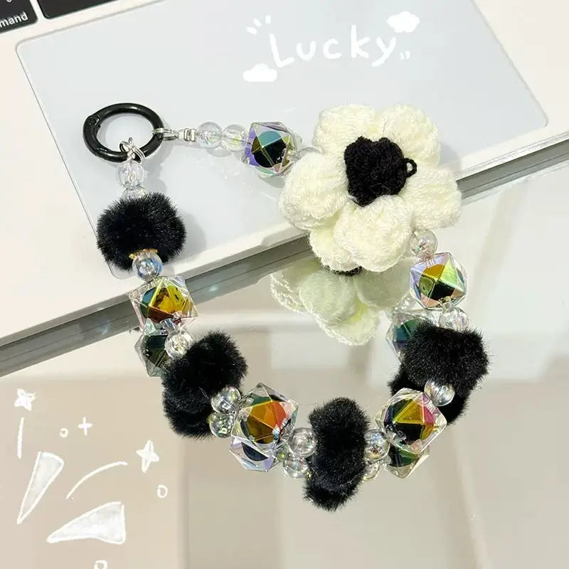 Cute Plush Flower & Iridescent Crystal Bead Phone Charm Keychain Wristlet