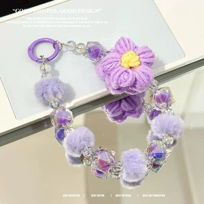 Cute Plush Flower & Iridescent Crystal Bead Phone Charm Keychain Wristlet