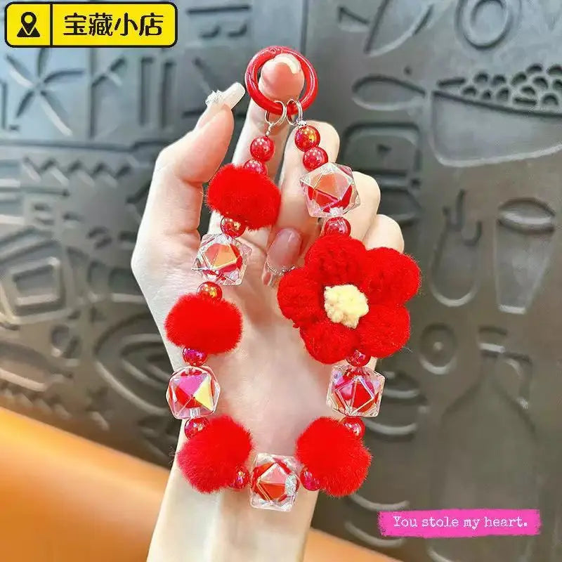 Cute Plush Flower & Iridescent Crystal Bead Phone Charm Keychain Wristlet