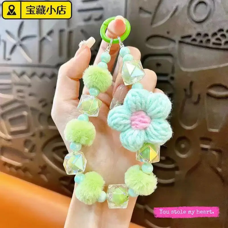 Cute Plush Flower & Iridescent Crystal Bead Phone Charm Keychain Wristlet
