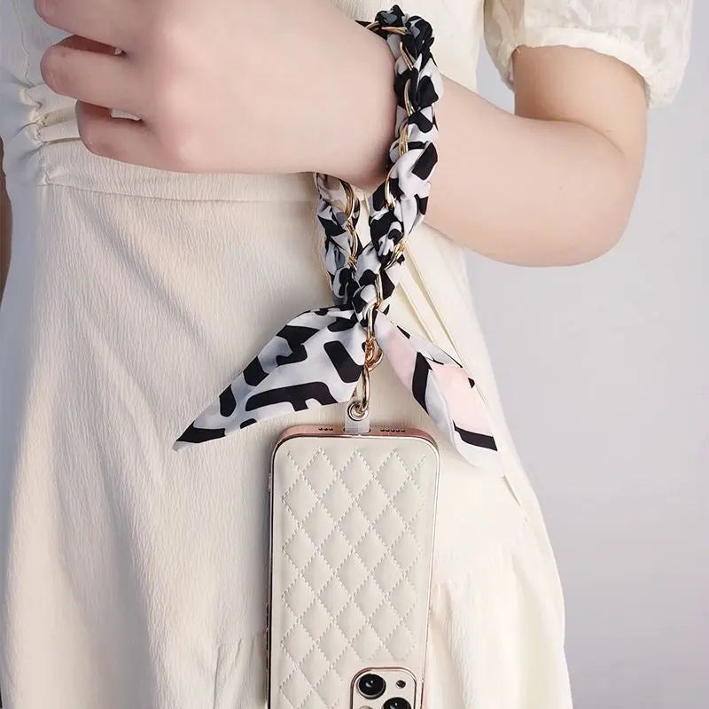 Silk Scarf & Gold Chain Phone Lanyard Wristlet Elegant Bow Ribbon Keyring & Bag Charm (Random Design)
