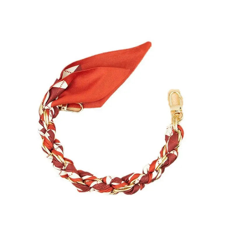 Silk Scarf & Gold Chain Phone Lanyard Wristlet Elegant Bow Ribbon Keyring & Bag Charm (Random Design)