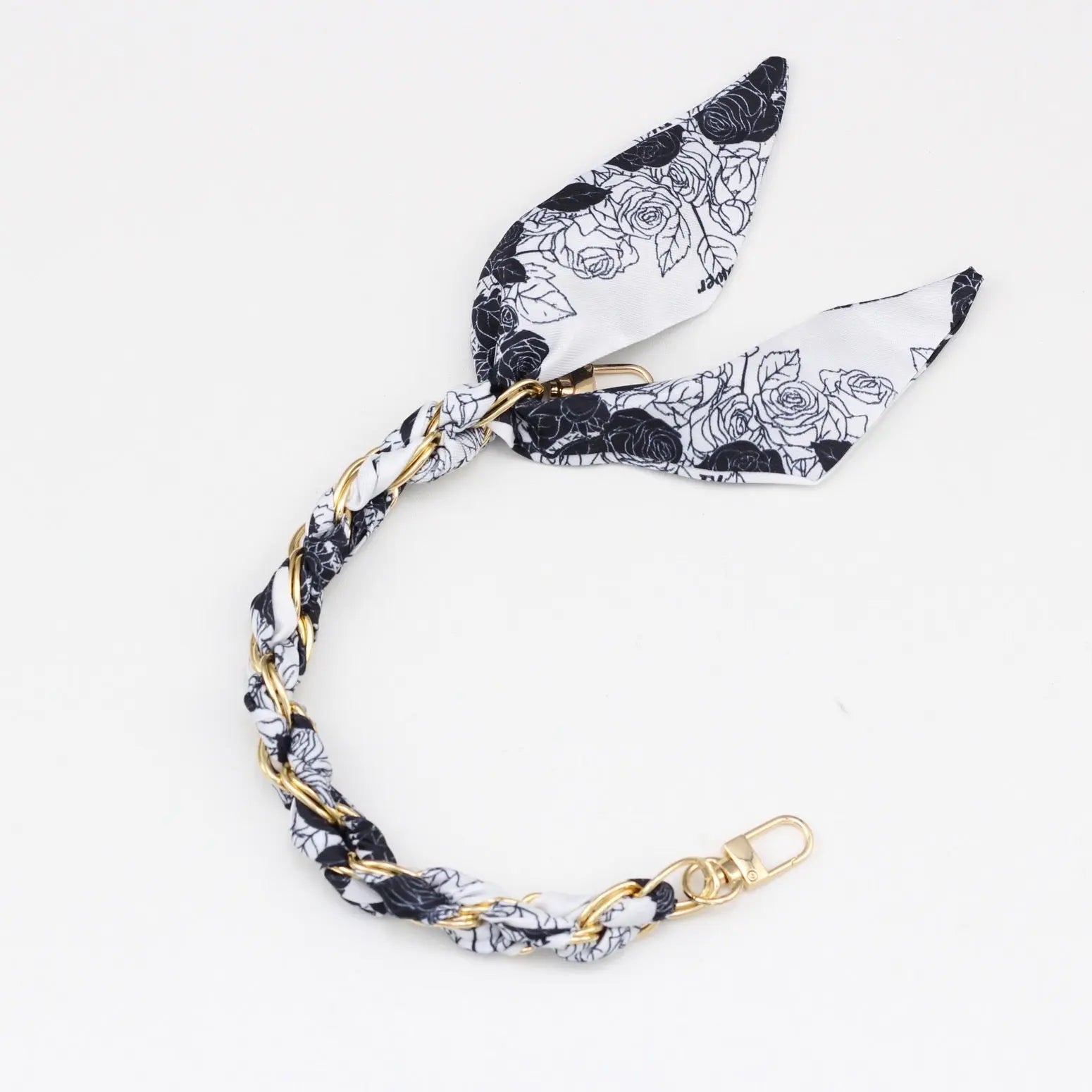 Silk Scarf & Gold Chain Phone Lanyard Wristlet Elegant Bow Ribbon Keyring & Bag Charm (Random Design)