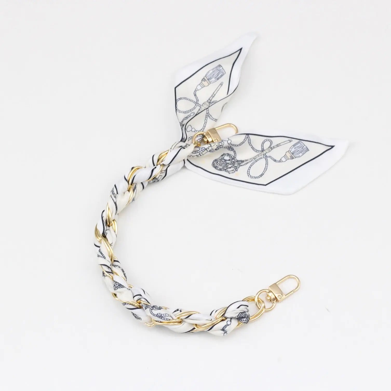 Silk Scarf & Gold Chain Phone Lanyard Wristlet Elegant Bow Ribbon Keyring & Bag Charm (Random Design)